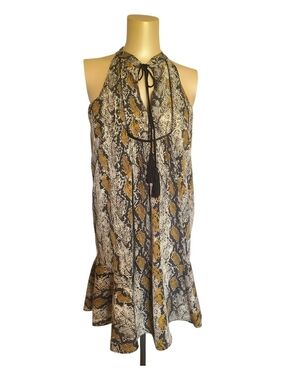 Deja Vu Snakeskin Python Print Halter Mini Dress Large Flounce Hem
